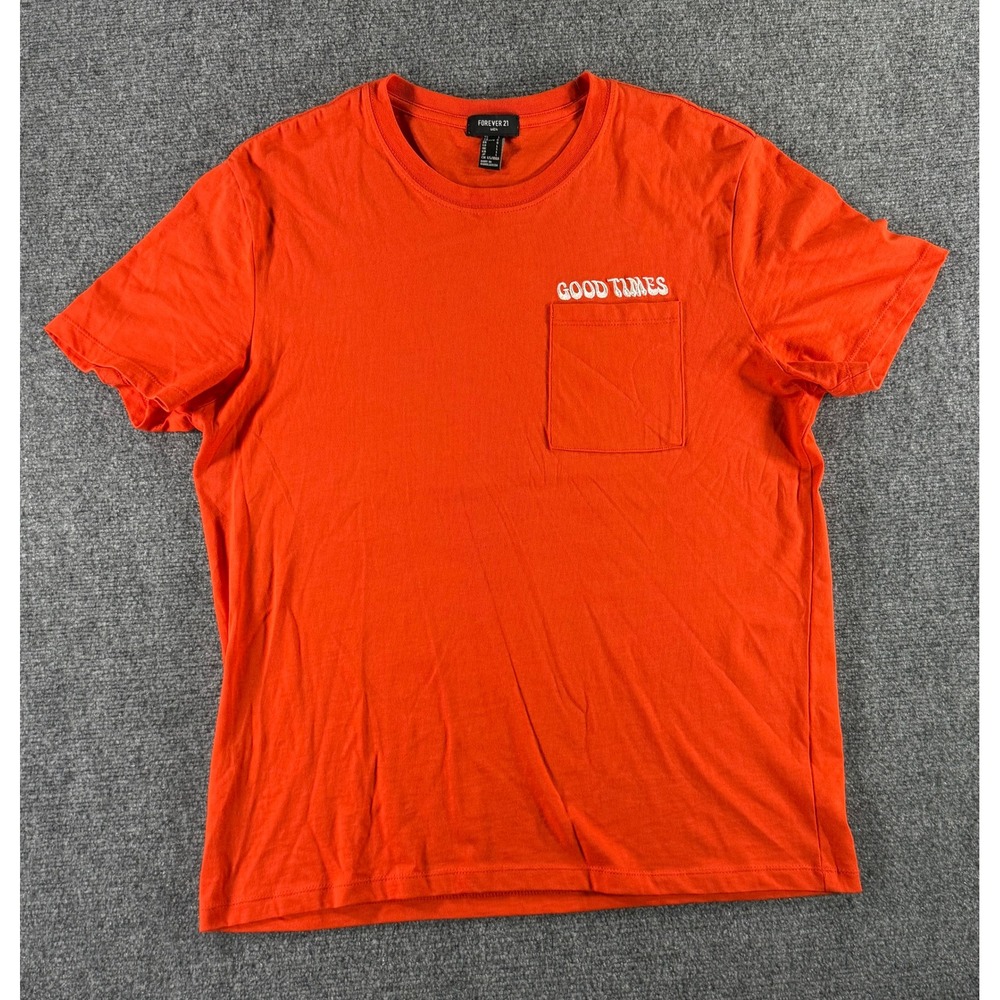 Forever 21 Men Orange Good Times Embroidered Pocket T-Shirt Size Large
